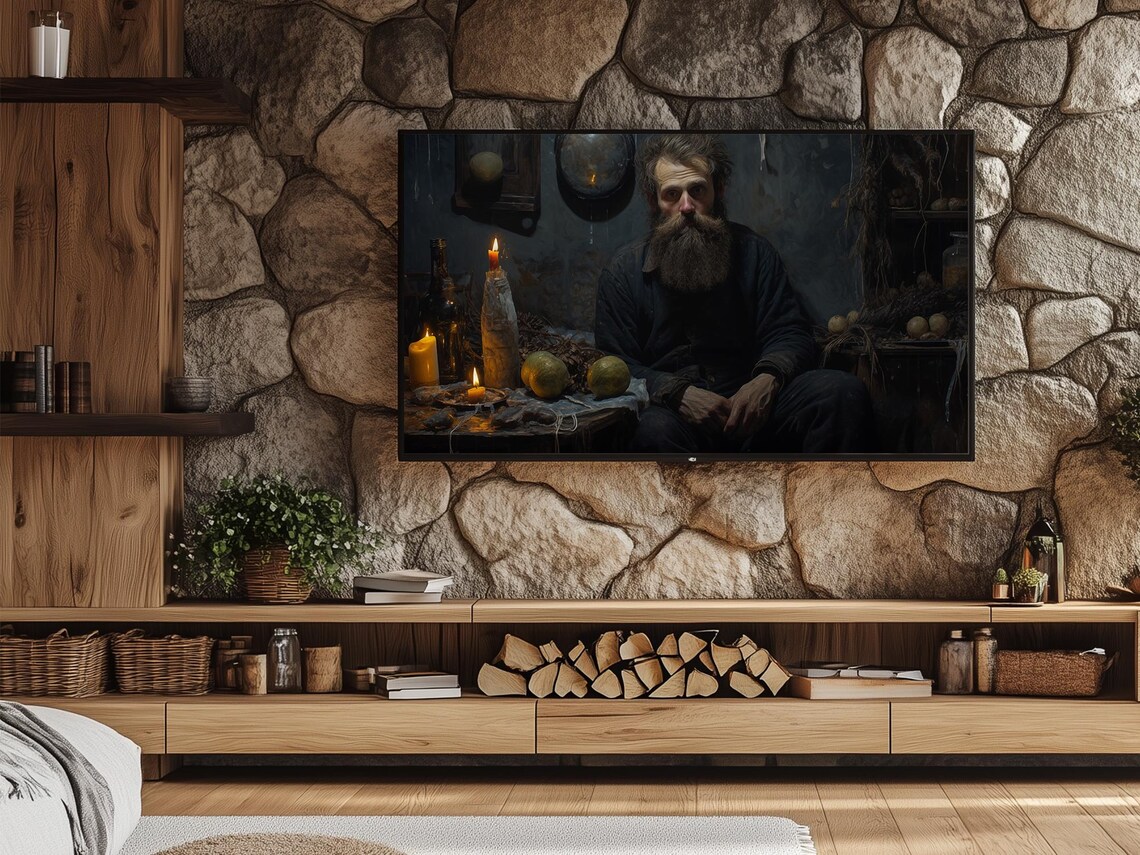 Bearded Man By Candlelight In Dark Rustic Room Moody Oil Painting Poster - Image 2
