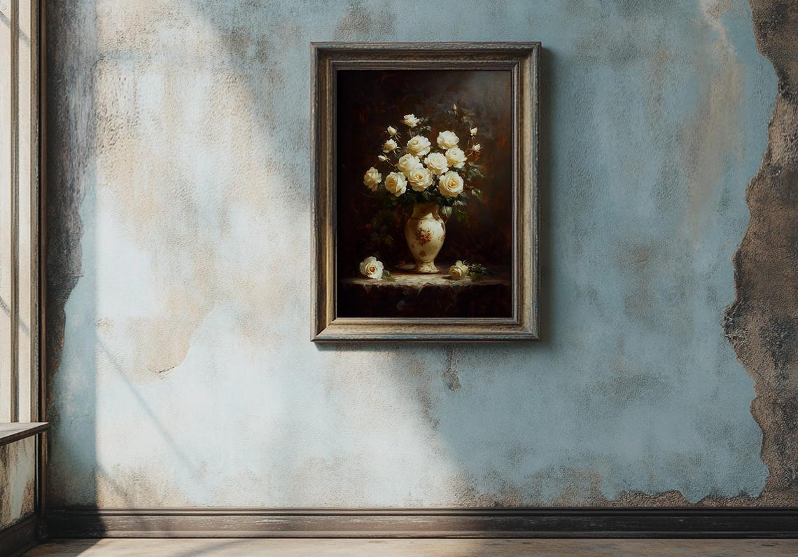 White Roses In Vintage Porcelain Vase Moody Floral Oil Painting Poster - Image 4