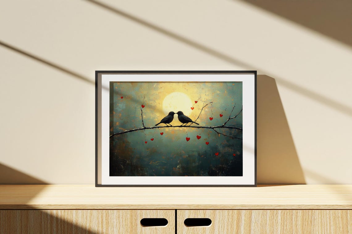 Two Lovebirds Kissing on a Branch Under a Golden Full Moon Poster - Image 2