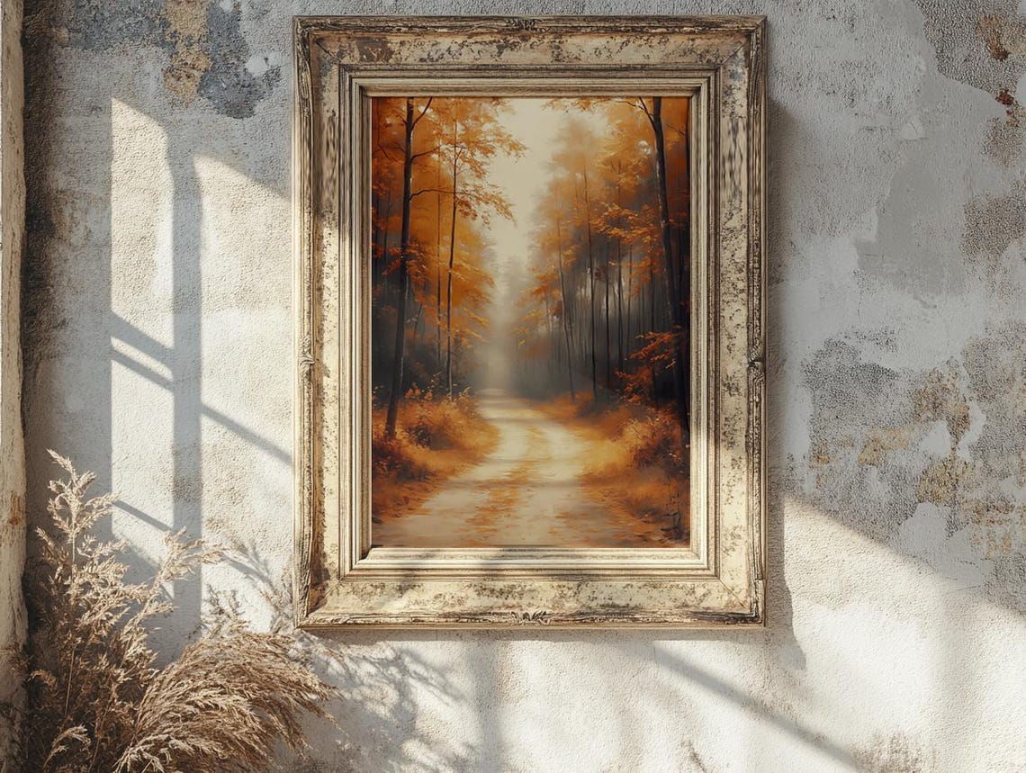 Golden Autumn Forest Path Between Towering Trees In Soft Mist Poster - Image 2