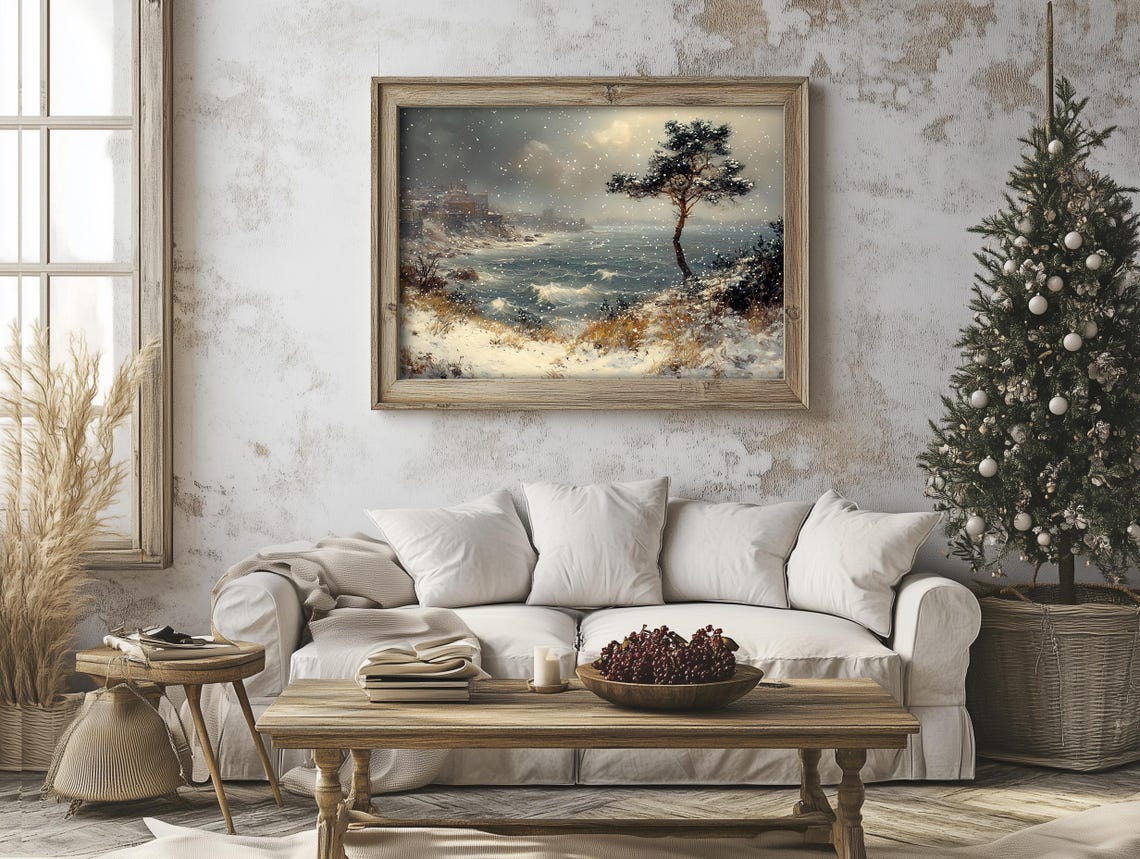 Snowy Seaside Pine Tree Winter Seascape Vintage Style Poster - Image 6