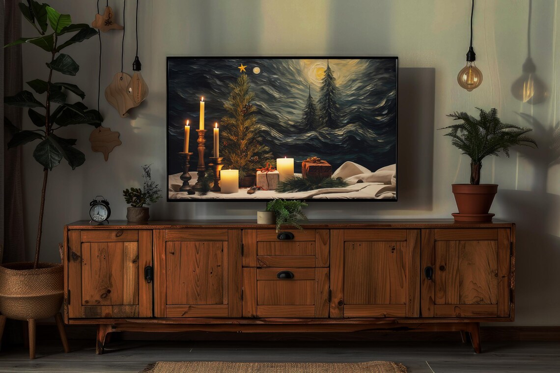 Christmas Tree With Gold Baubles Candles And Gifts By Dark Window Poster - Image 7