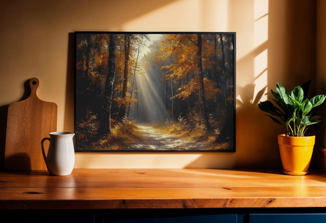 Sunbeams Through Autumn Forest Path Golden Fall Landscape Oil Poster - Image 2