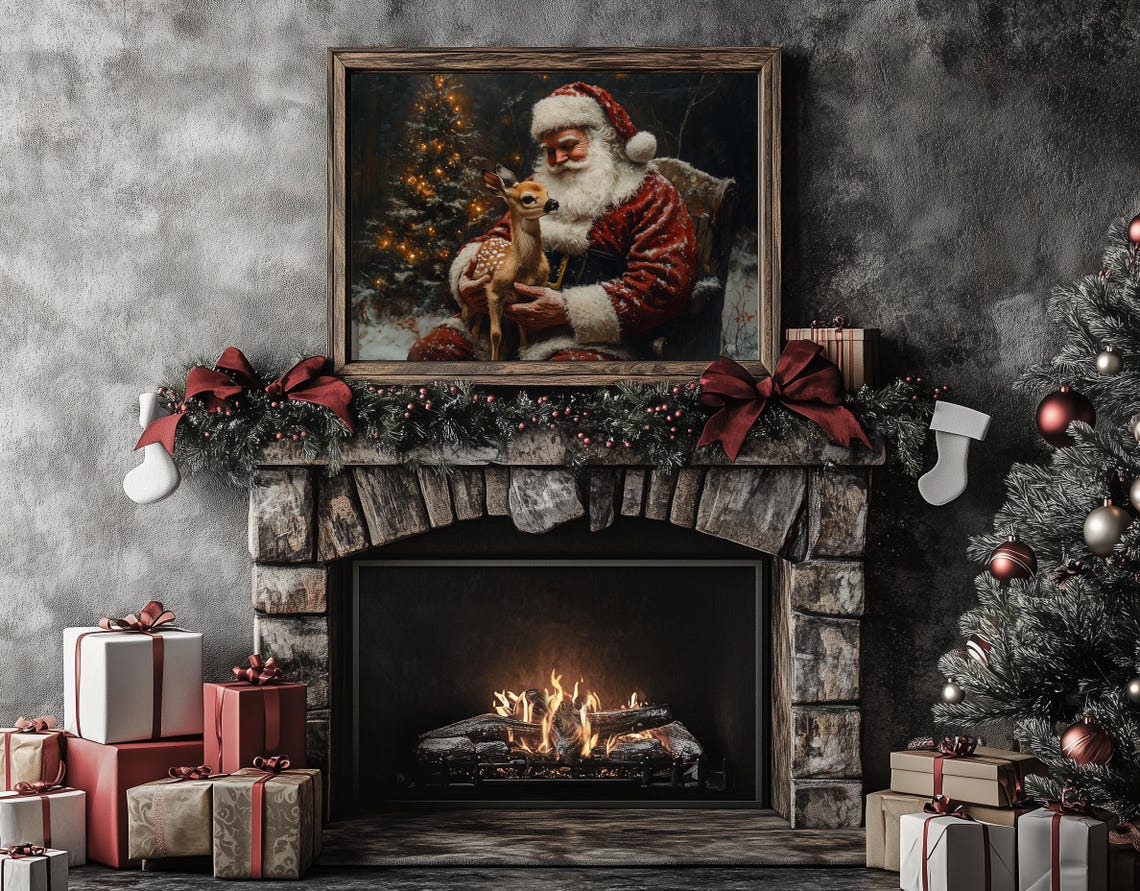 Santa Claus Holding Baby Deer Christmas Night Scene Painting Poster - Image 3