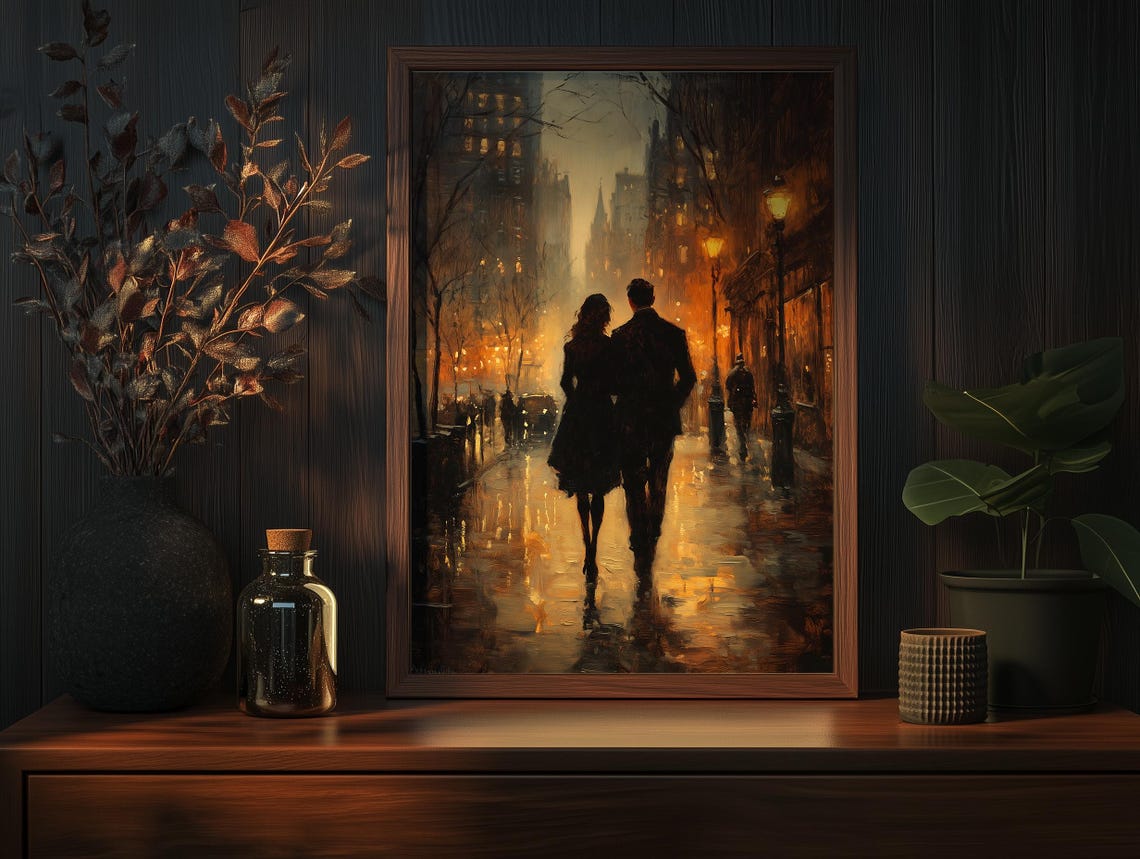 Romantic Couple Strolling a Rainy Lamplit City Street at Dusk Poster - Image 5