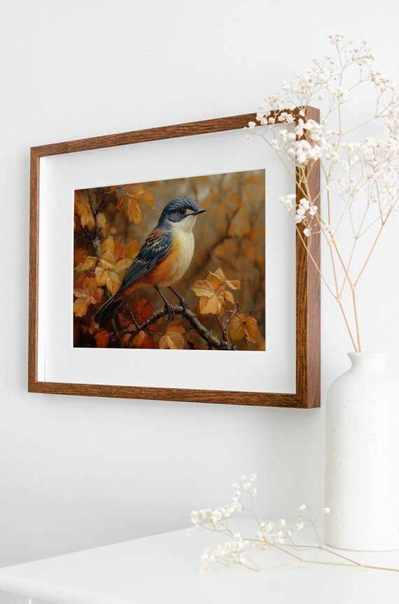 Songbird Portrait With Blue Gray Plumage And Orange Breast Fall Poster