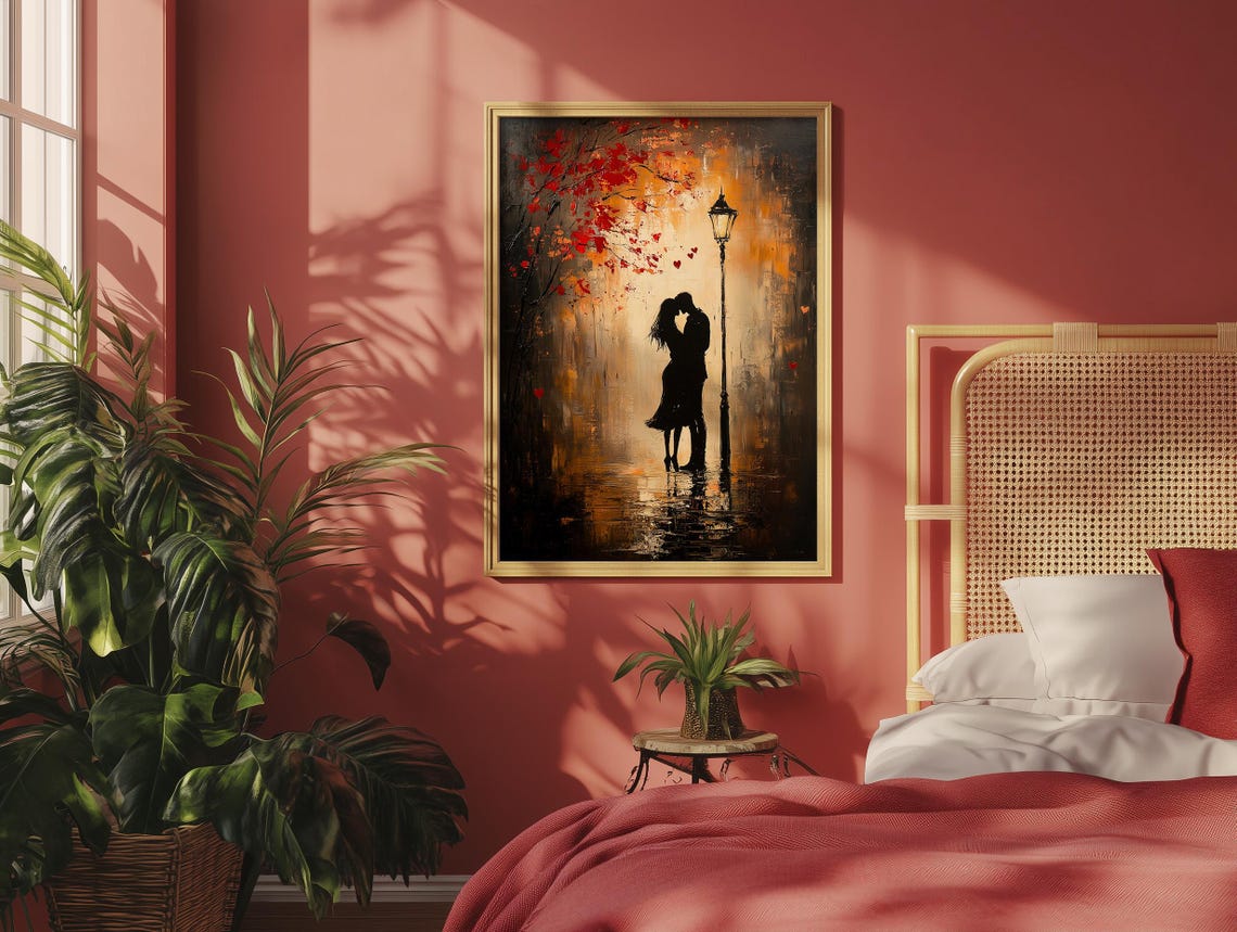 Romantic Kiss Under a Glowing Rainy Streetlamp Vintage Poster - Image 4