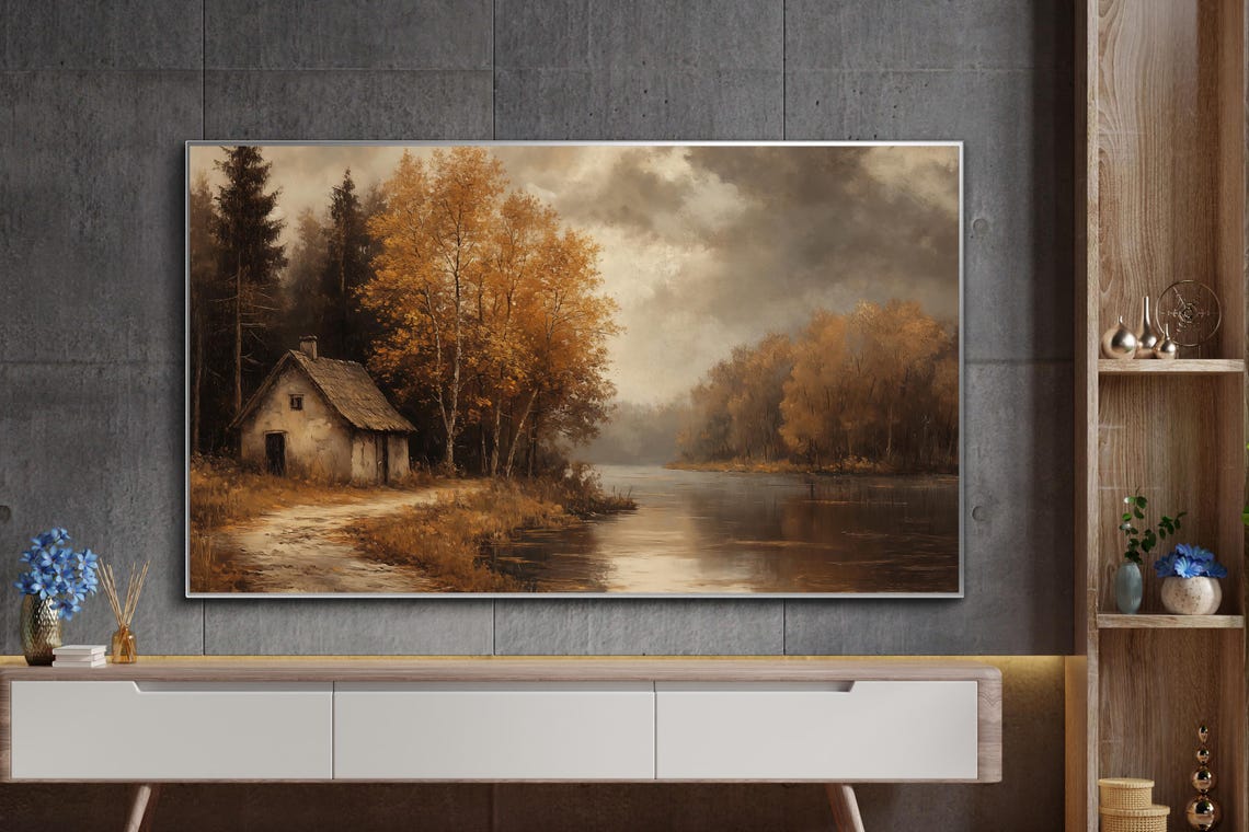 Misty Autumn Cottage Beside the Lake with Golden Birches Poster - Image 6