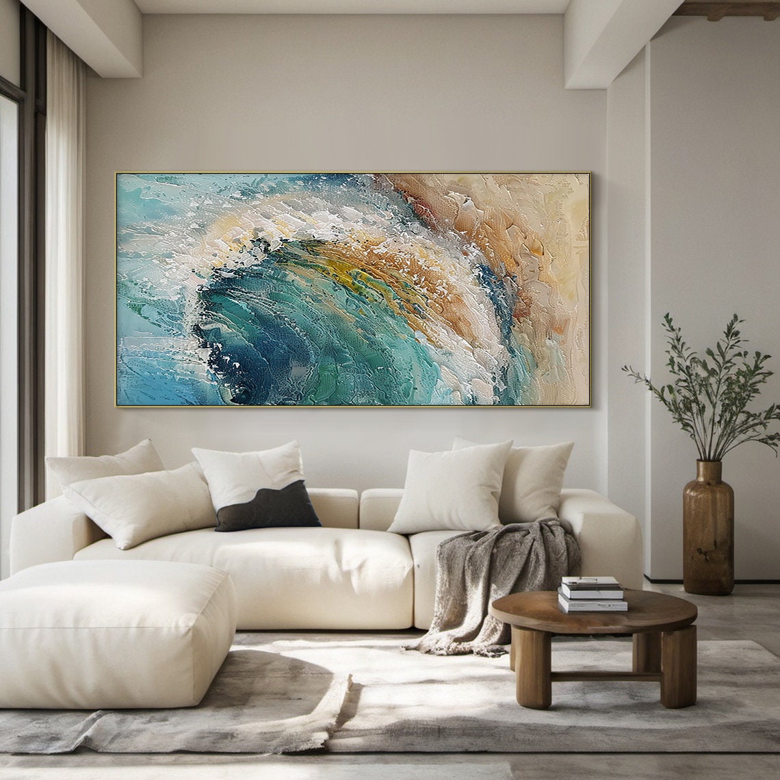 Teal Ocean Wave Painting Gold Sand Impasto Abstract Textured Wall Art - Image 2