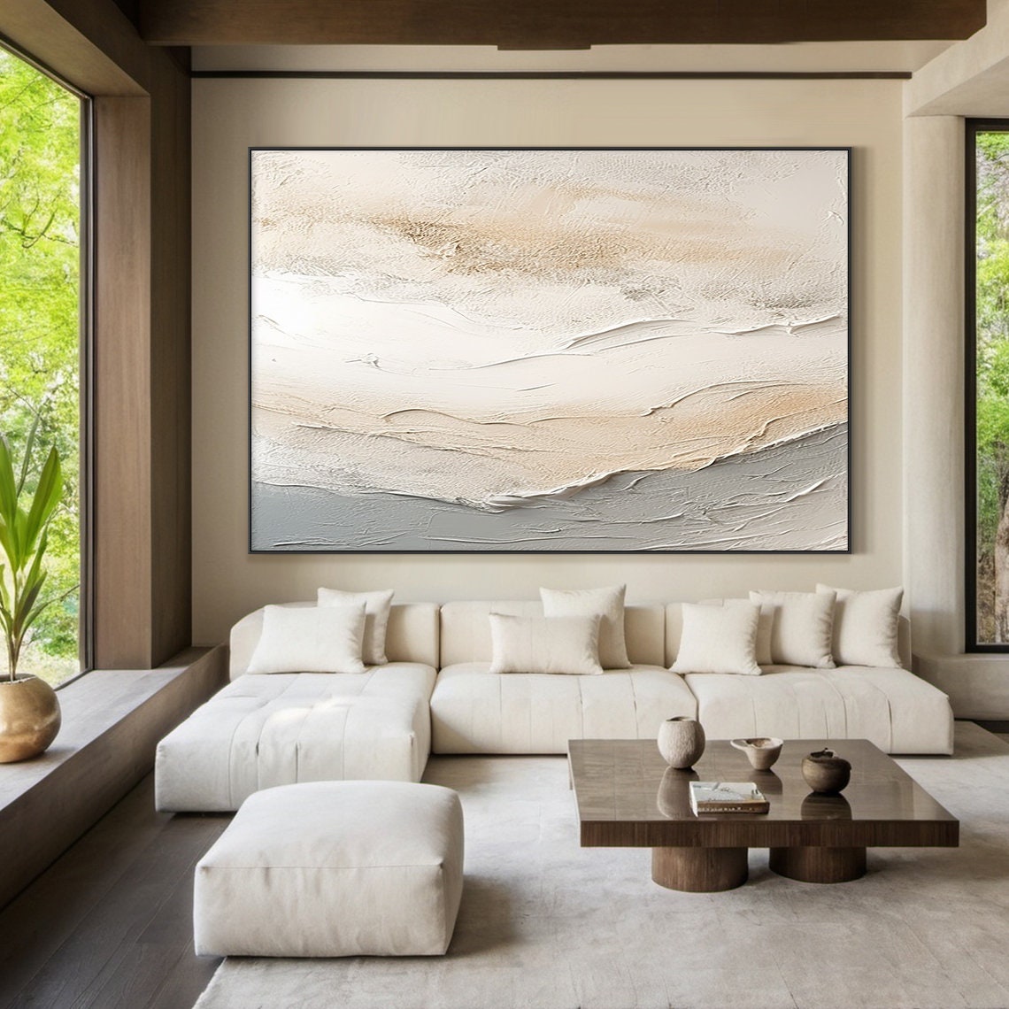 White Beige Grey Textured Impasto Abstract Ocean Wave Layers Wall Art - Image 2