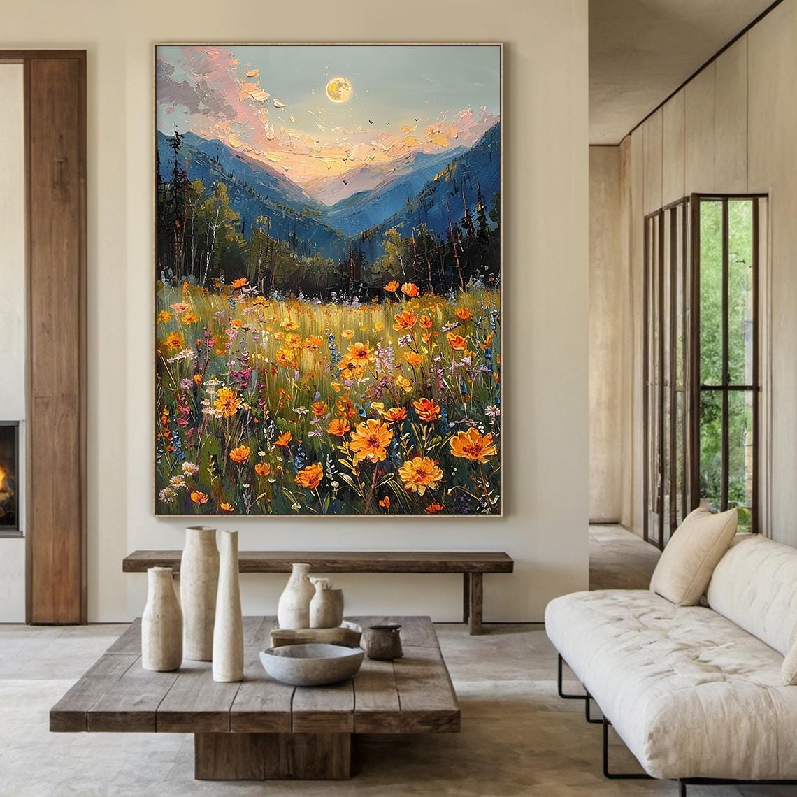 Wildflower Meadow Mountain Landscape Painting Sunset Floral Art Poster - Image 4