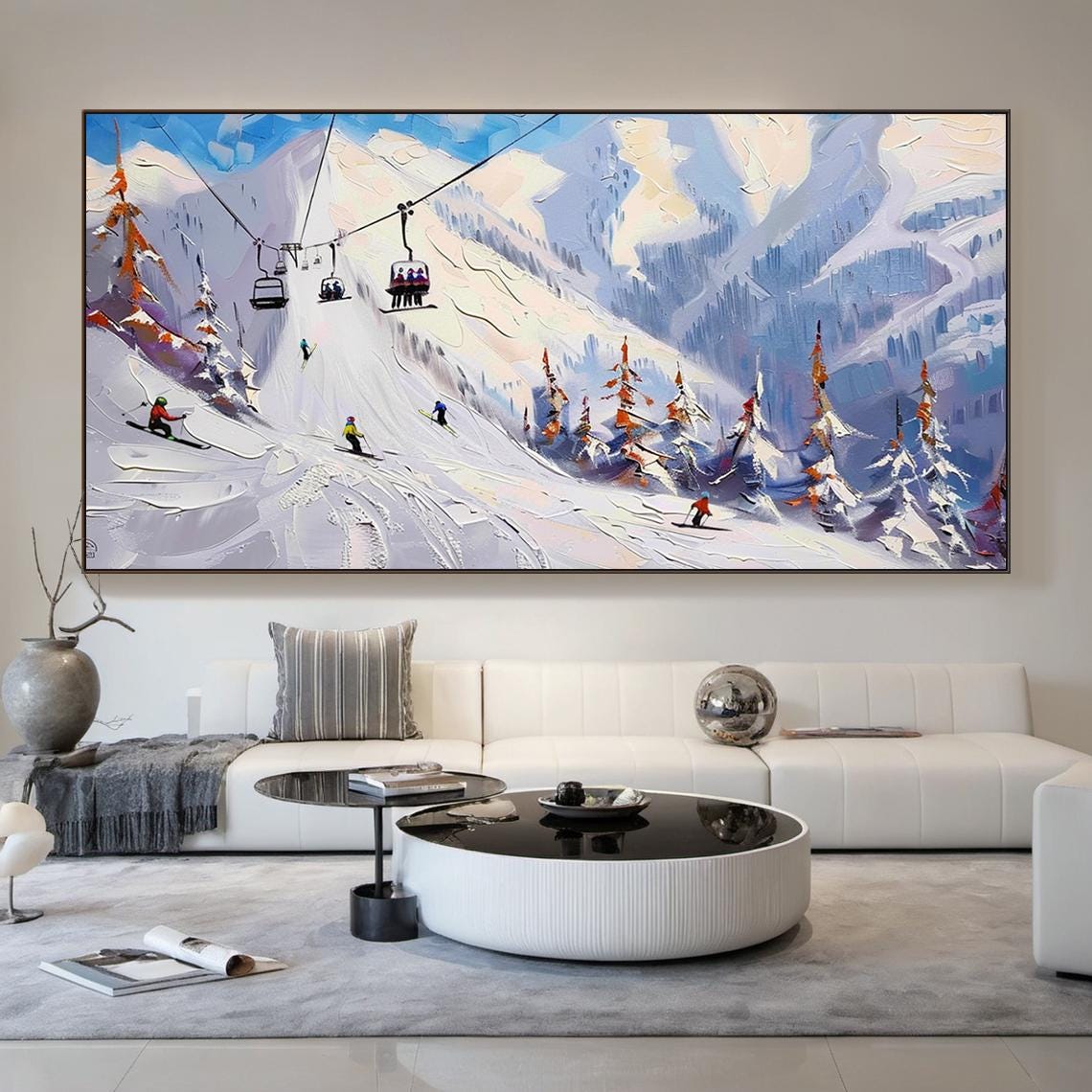Original 3d Ski Sport Art Plaster Style Textured Wall Art Gift For Skiers White Skis And Cable Car Painting Modern Skier Painting