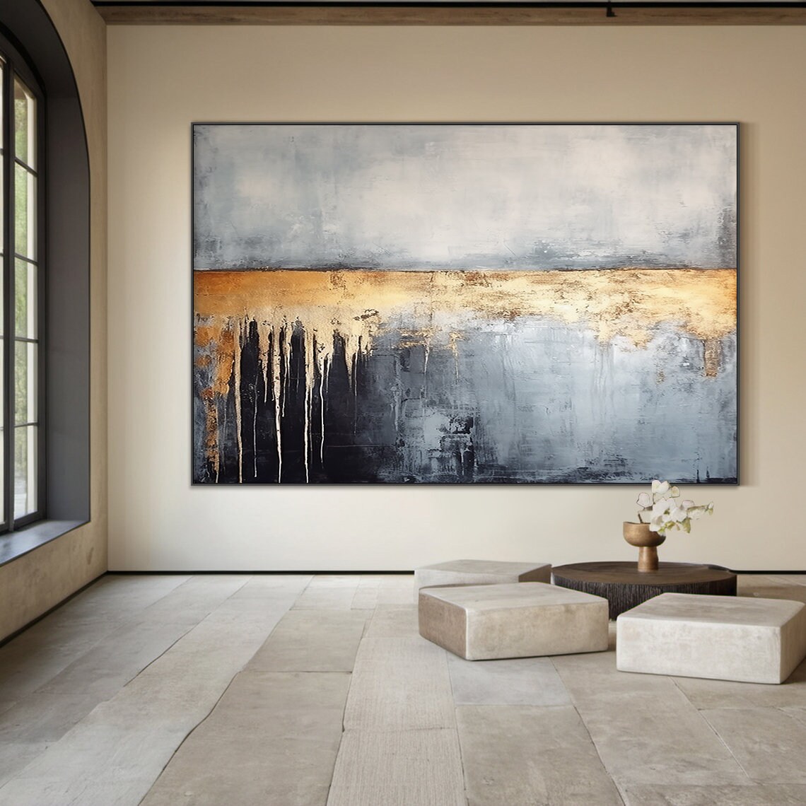 Off White Abstract Painting Grey Wabi Sabi Wall Art Large Black Wall Art Gold Textured Hand Painting Home Wall Decoration - Image 2