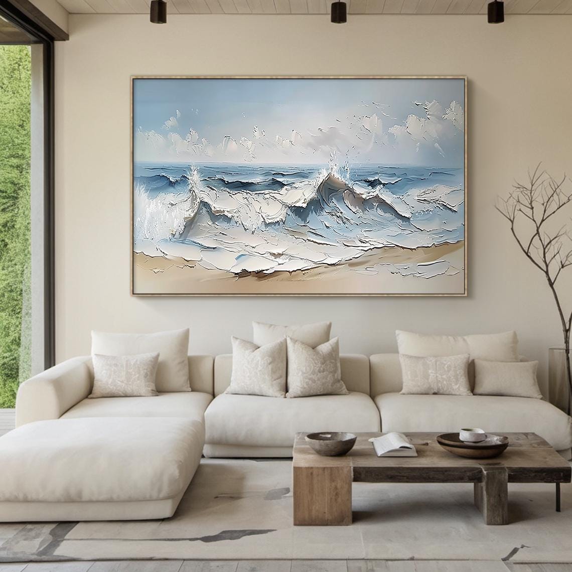 Ocean Waves Breaking On Sandy Shore Impasto Textured Beach Wall Art - Image 3