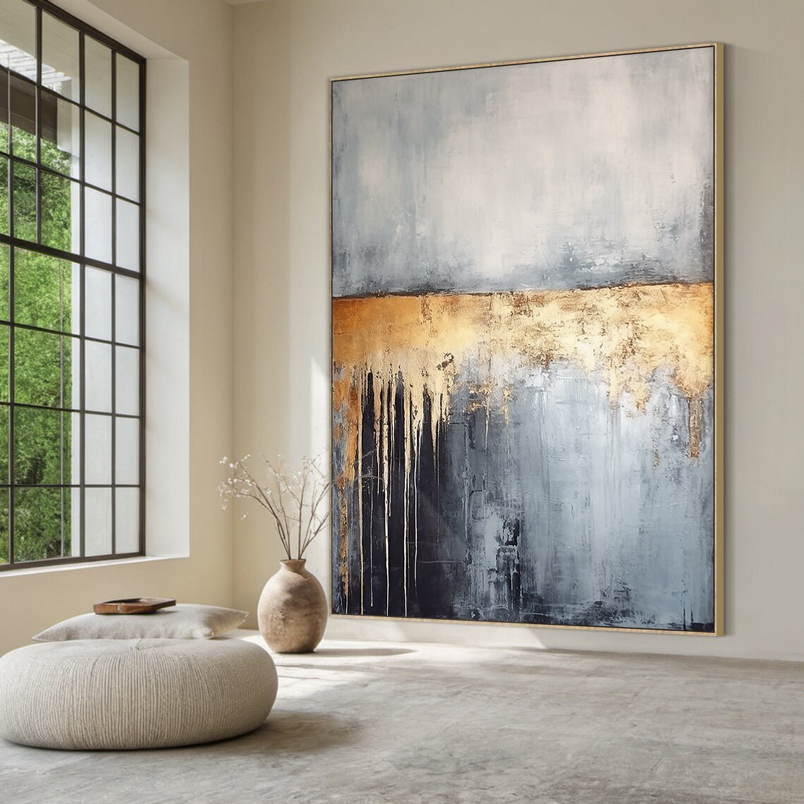 Off White Abstract Painting Grey Wabi Sabi Wall Art Large Black Wall Art Gold Textured Hand Painting Home Wall Decoration