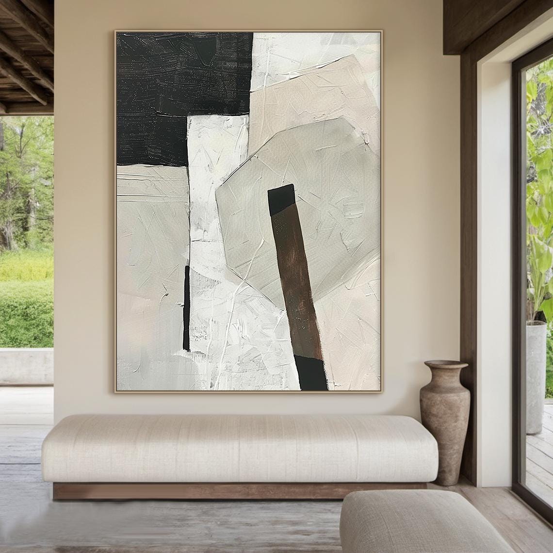 White Beige Black Abstract Blocks Wabi Sabi Minimal Modern Wall Art