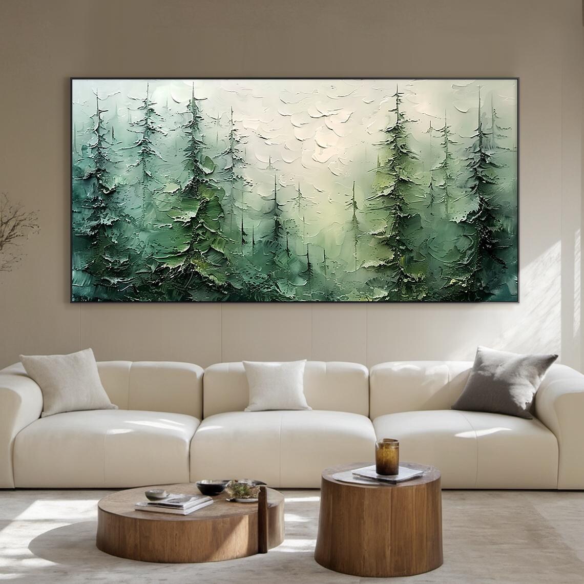 Misty Green Pine Forest Impasto Textured Serene Woodland Art Poster - Image 5