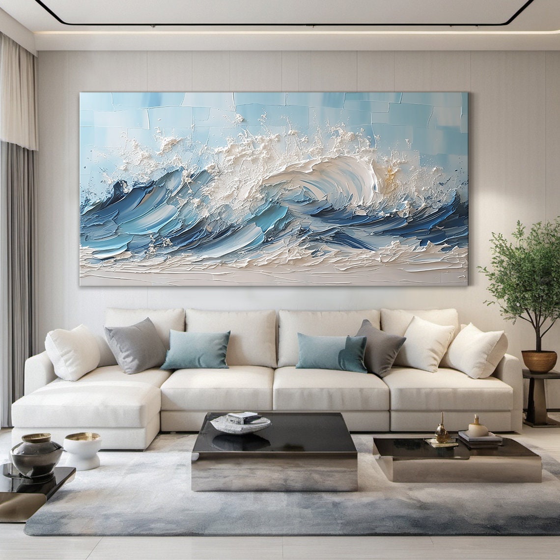 Crashing Blue Ocean Waves White Foam Impasto Abstract Art Poster - Image 4
