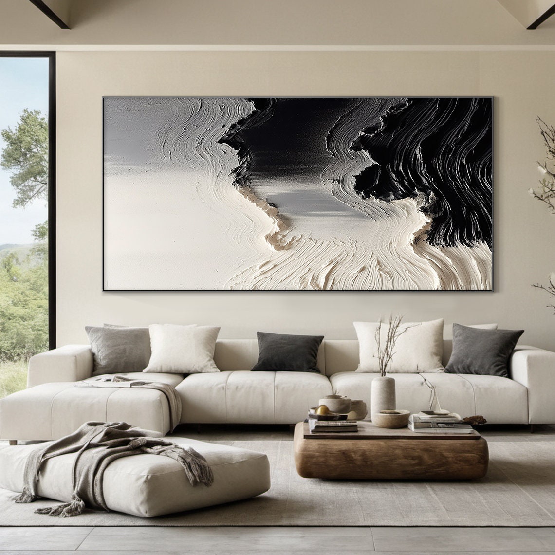 Black White Dramatic Impasto Wave 3D Textured Abstract Ocean Wall Art - Image 2