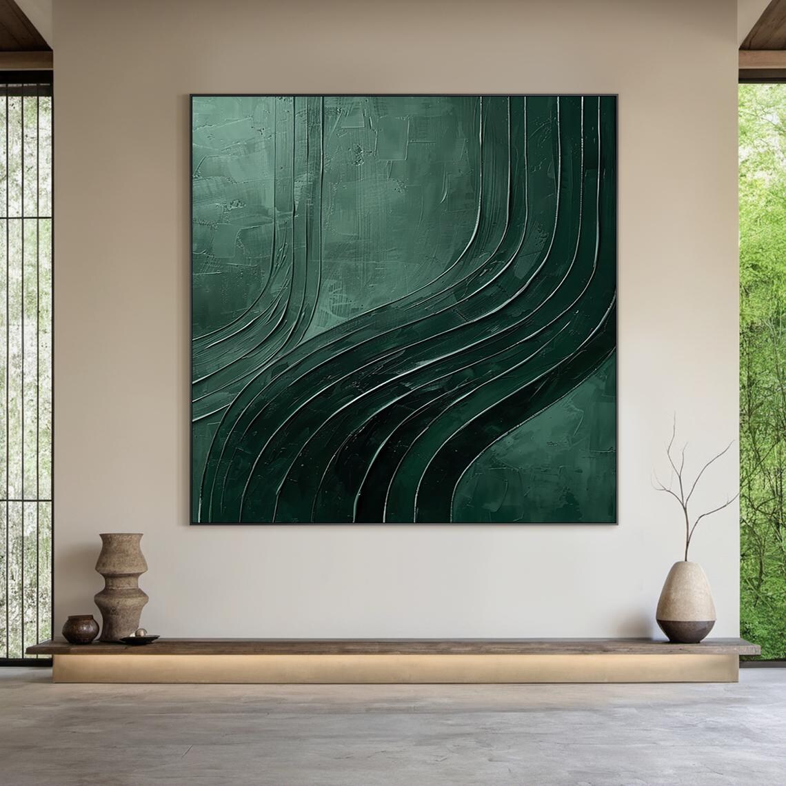 Emerald Green Flowing Curved Lines Minimal Abstract Living Room Poster - Image 4