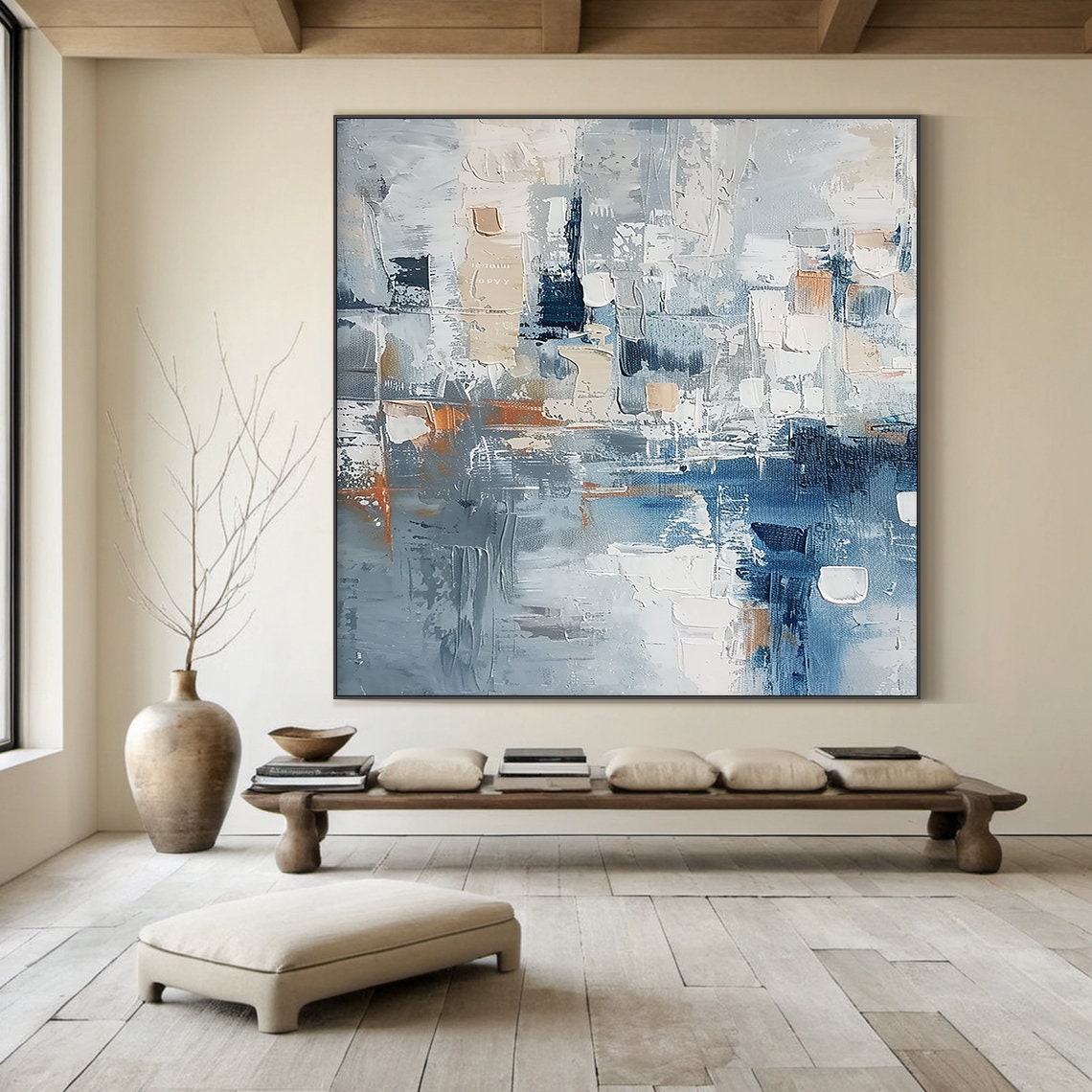 Blue Grey Abstract With Tan Block Shapes Textured Modern Poster - Image 5