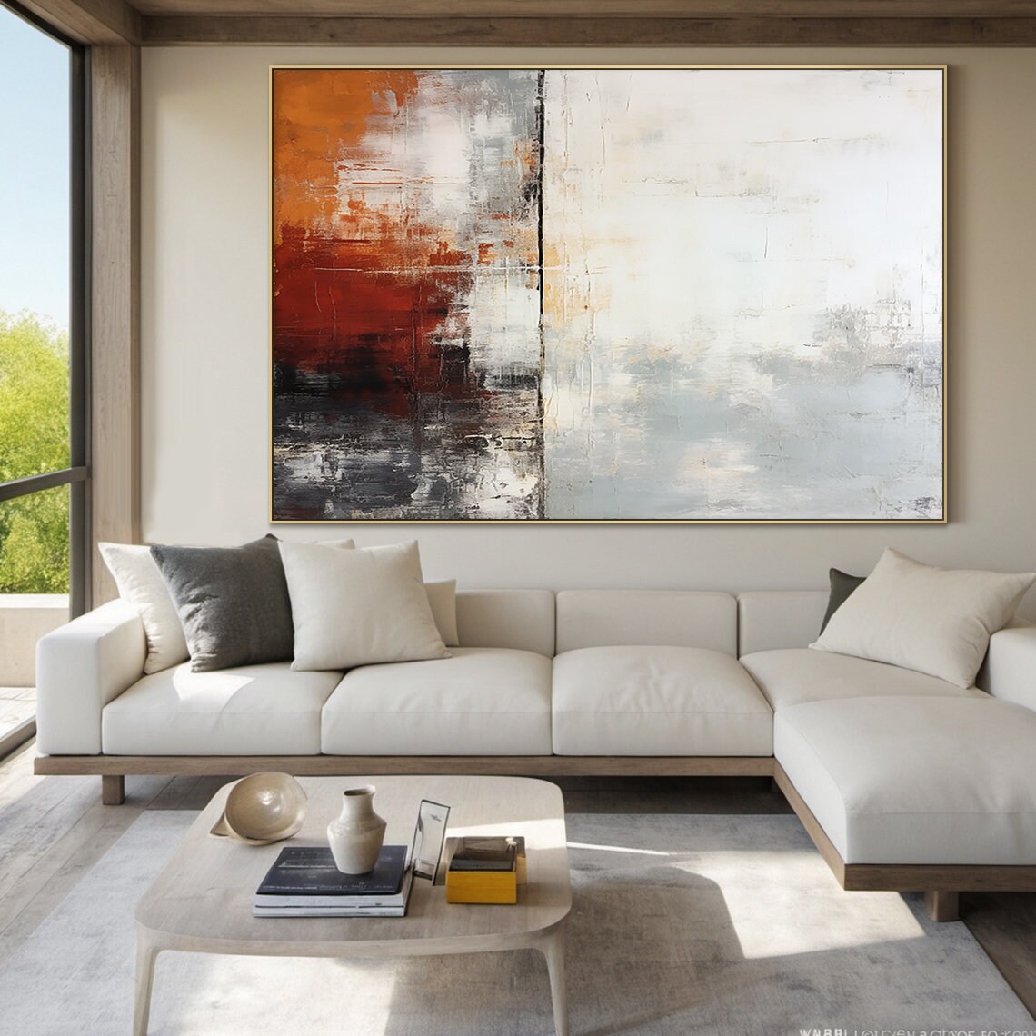 White And Grey Wabi Sabi Wall Decor Art White Abstract Art Large Burgundy Textured Handmade Painting Modern Stylish Wall Decor - Image 5