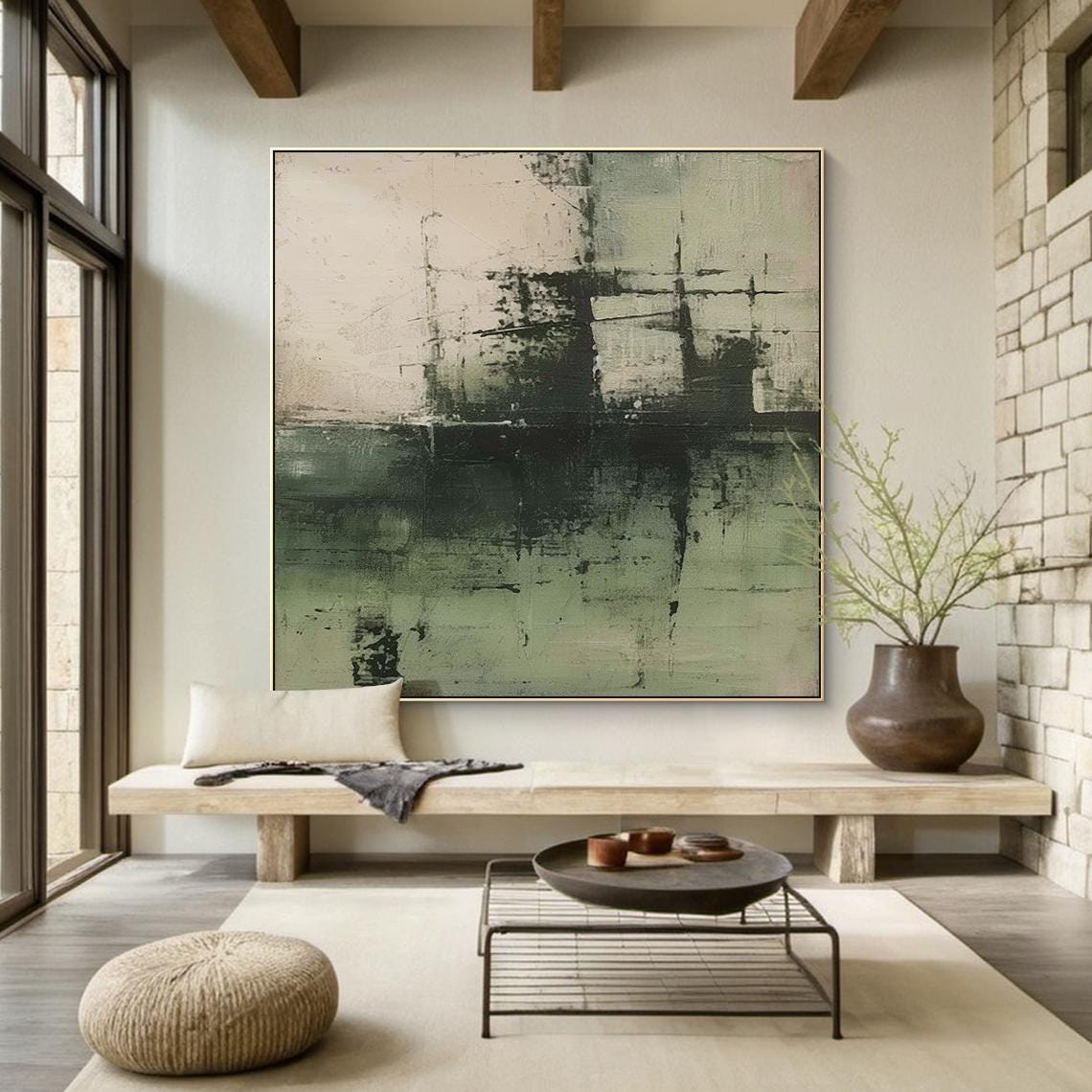 Dark Green Beige Abstract Painting Textured Blocks Modern Wall Art - Image 3