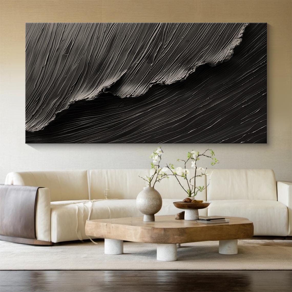 Black White Wave Textured Abstract Painting Dramatic Wall Art Poster - Image 4