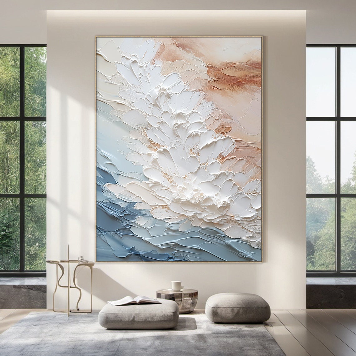 White Blossom Over Blue Ocean Abstract Texture Oil Painting Poster