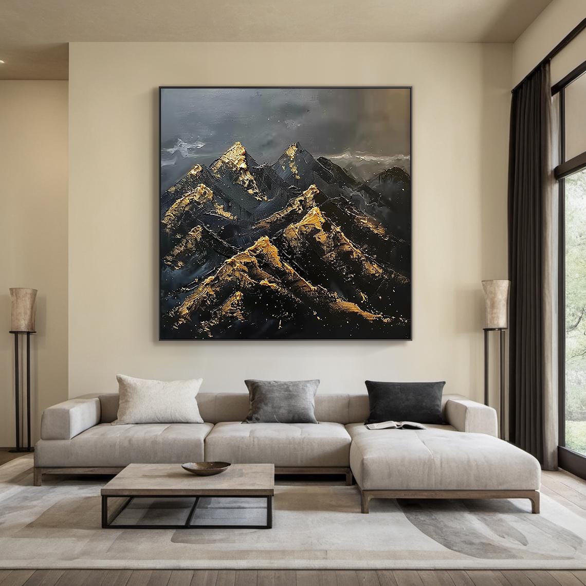 Large Black Abstract Mountains Oil Painting Gold Texture Painting Mountains Sunrise Landscape Painting Modern Nature Wall Decor