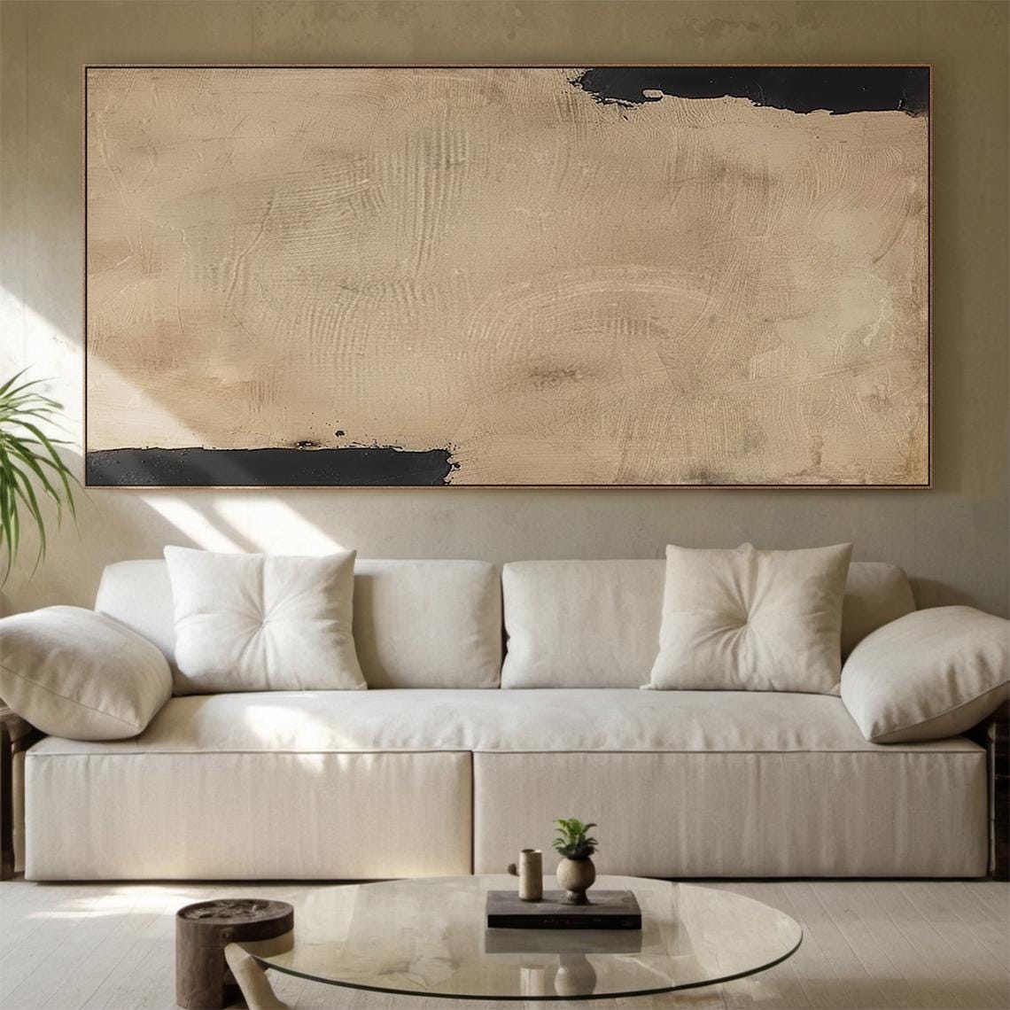 Sandy Beige Minimalist Abstract Painting Black Accent Modern Wall Art - Image 2