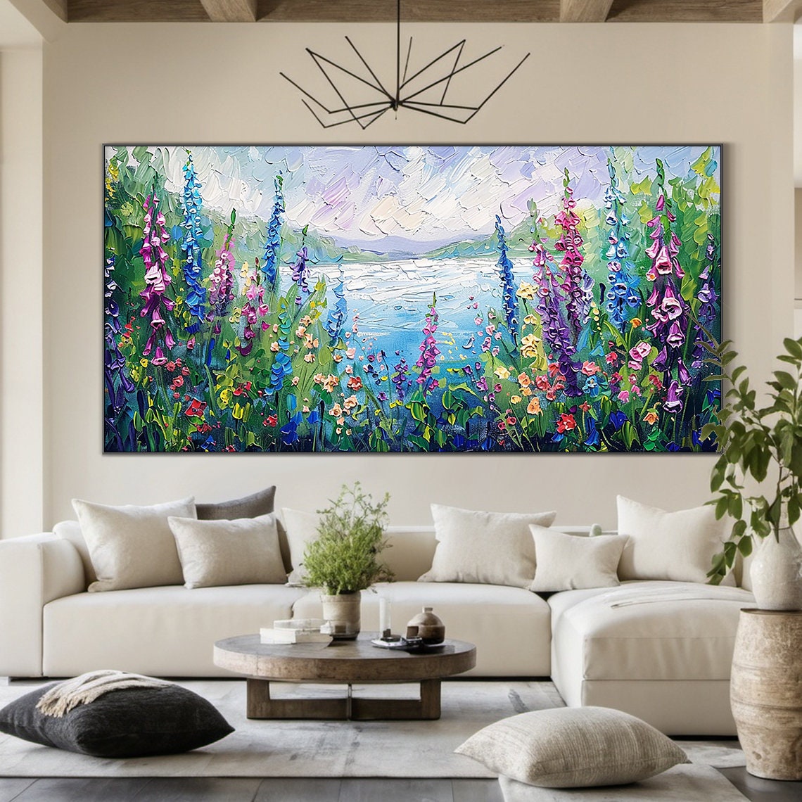 Purple Wildflower Meadow By The Lake Impasto Floral Art Poster