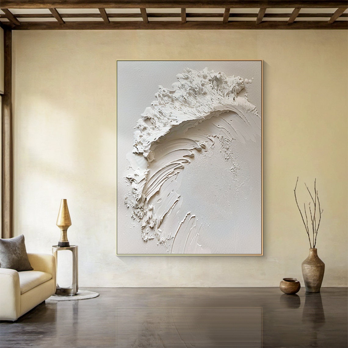 White 3D Ocean Wave Relief Sculptural Minimalist Textured Poster - Image 2