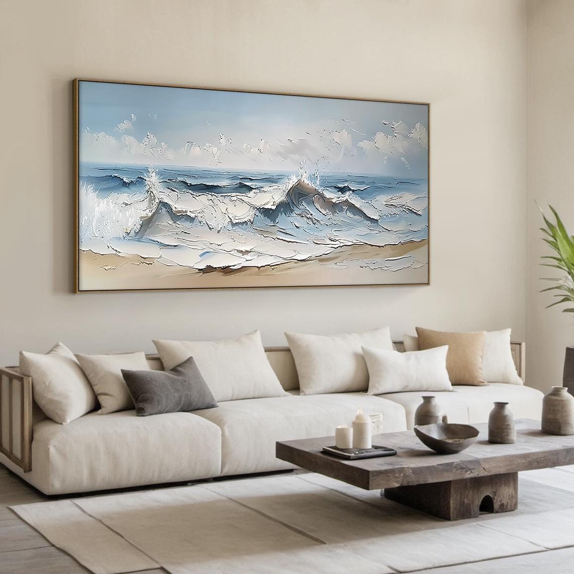 Ocean Waves Breaking On Sandy Shore Impasto Textured Beach Wall Art - Image 5