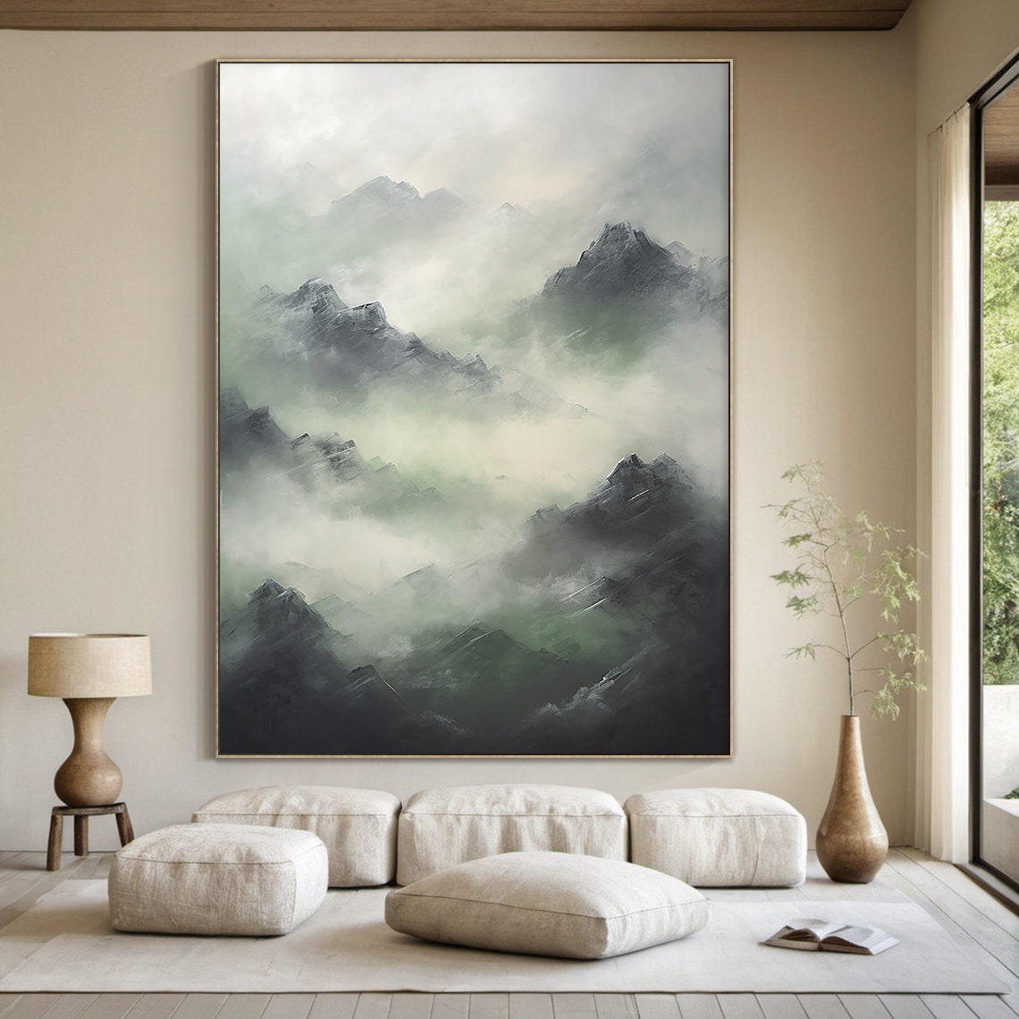 Misty Green Grey Mountain Peaks Fog Abstract Serene Nature Wall Art