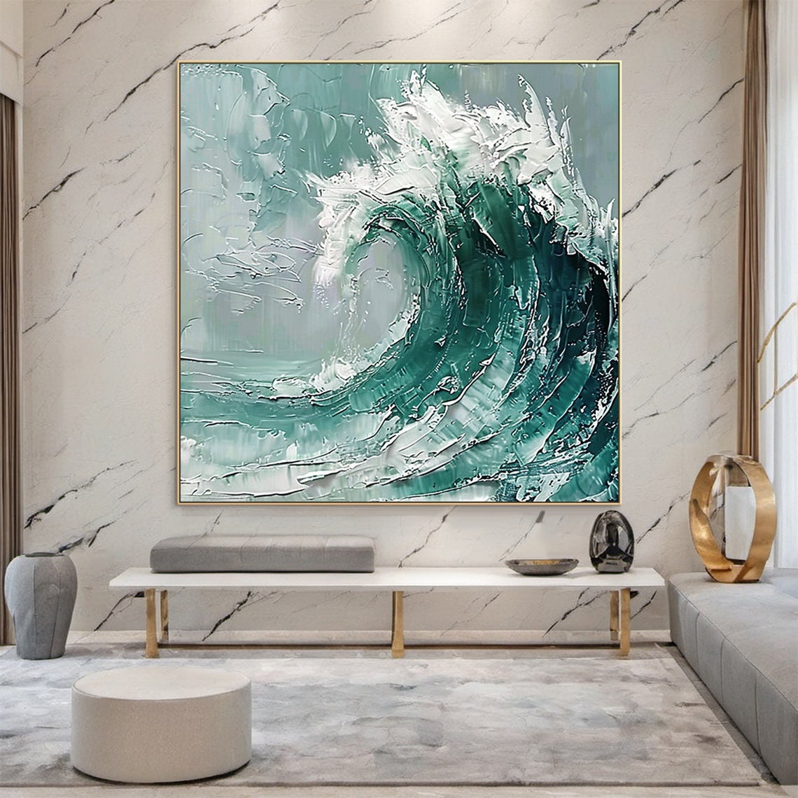 Emerald Green Ocean Wave Curl Impasto Textured Seascape Art Poster - Image 2