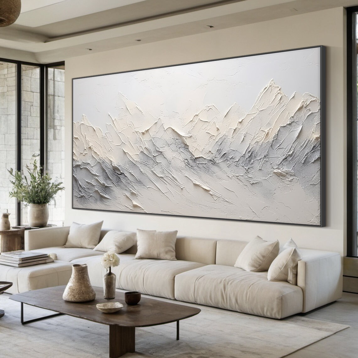 White Grey Mountain Peaks Impasto Painting Abstract Alpine Wall Art