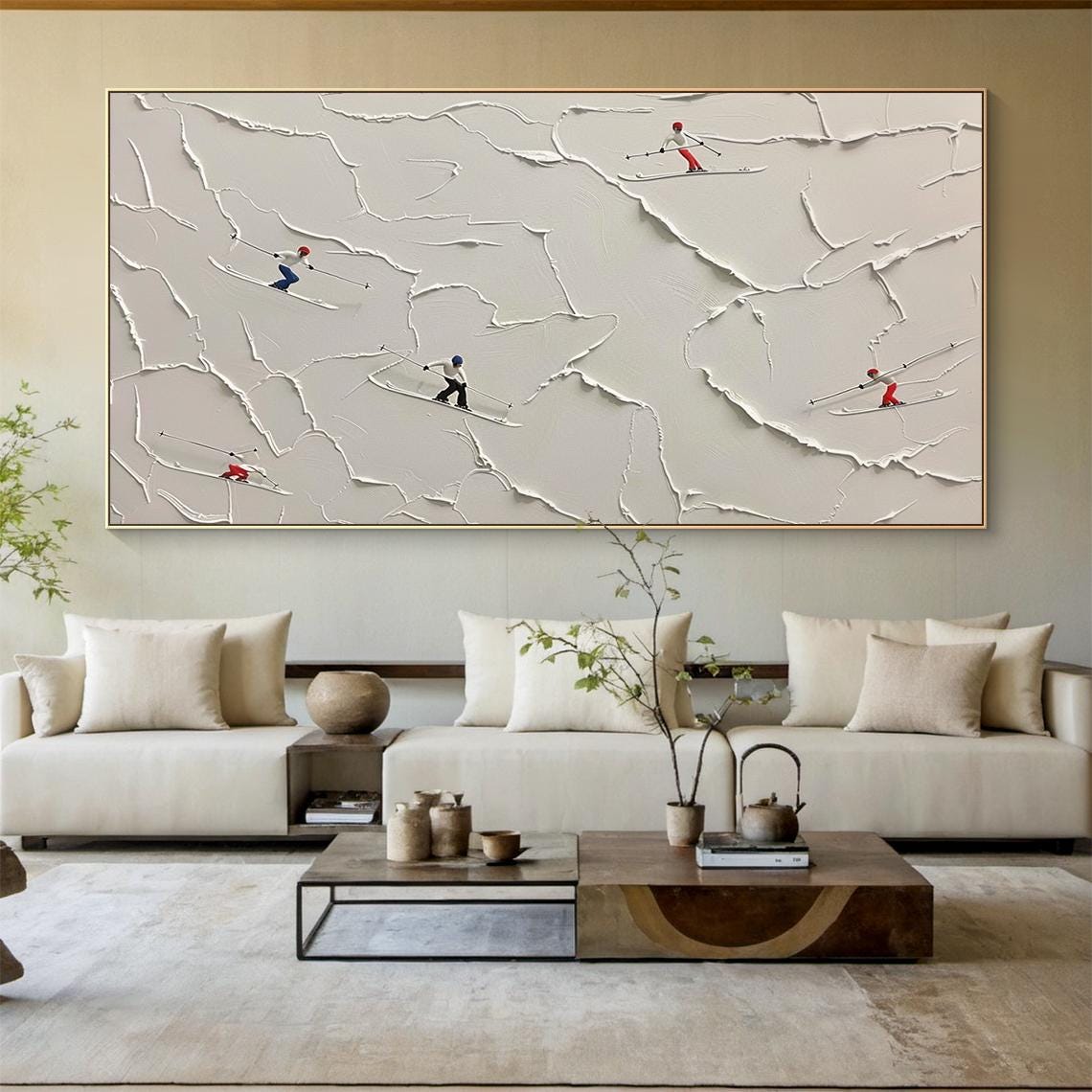 3d Beige Snow Field Ski Hand Drawing Original Skier Gift Beige Abstract Ski Art Modern Living Room Wall Decor - Image 5