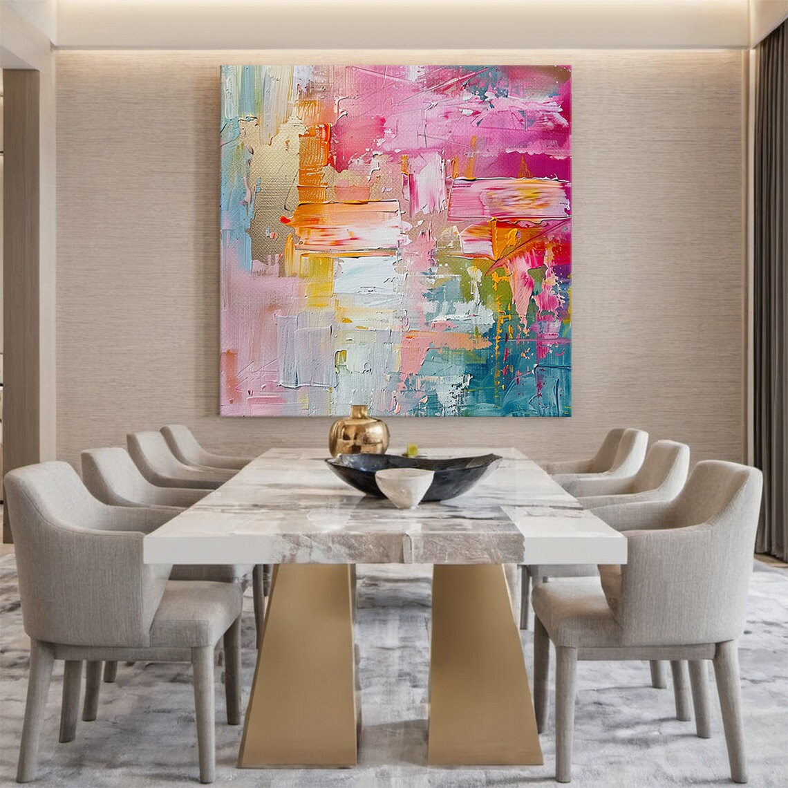 Pink Abstract Oil Painting, Modern Office Art Print - Image 4