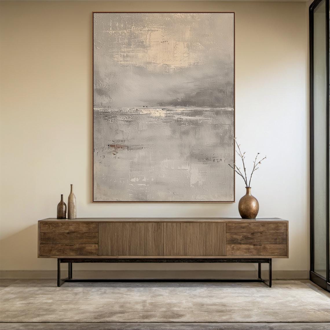 Beige Grey Misty Horizon Abstract Landscape Soft Neutral Wall Art - Image 2