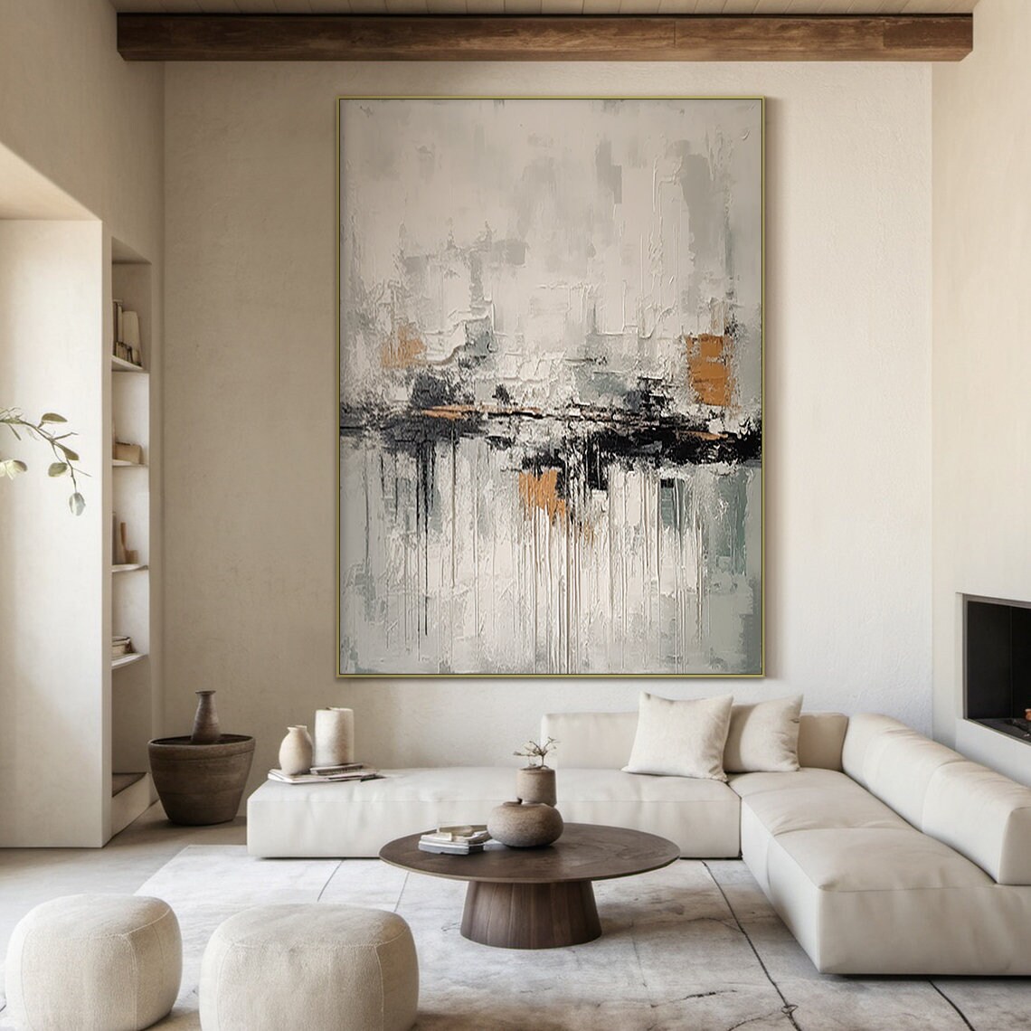 White And Grey Wabi Sabi Wall Decor Art White Abstract Art Large Black Textured Handmade Painting Modern Home Decor - Image 4