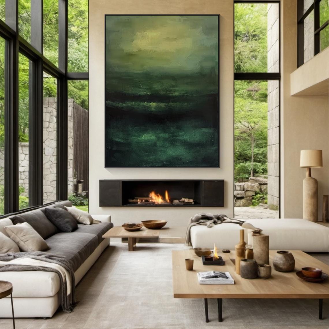Misty Green Abstract Landscape Painting Atmospheric Modern Wall Art - Image 3
