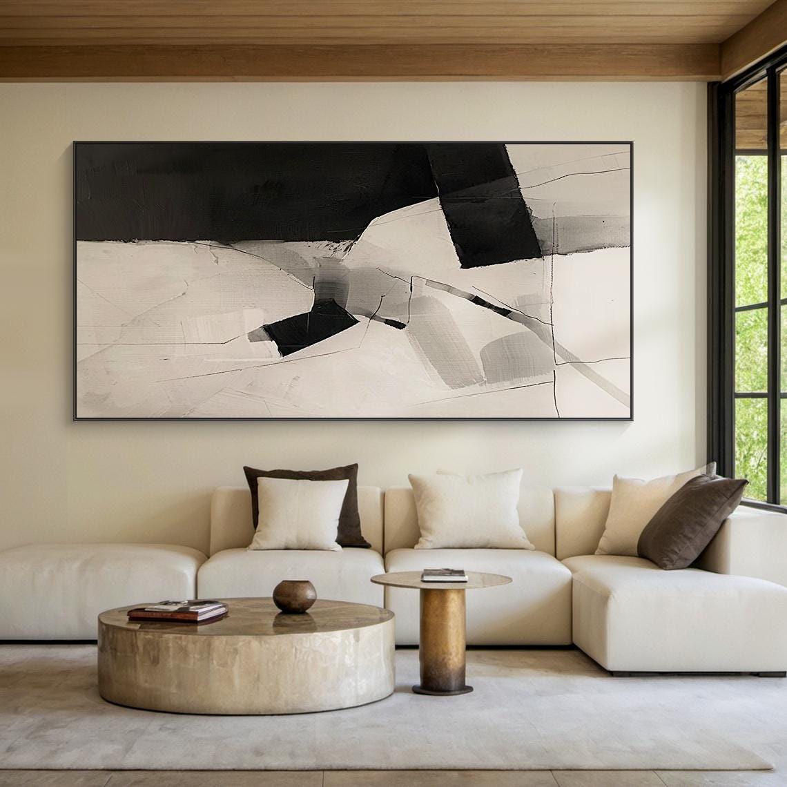 Beige Abstract Oil Painting Decorative Painting Beige Simple Wabi Sabi Wall Painting Black Abstract Art Modern Home Decor Handmade Gift - Image 5