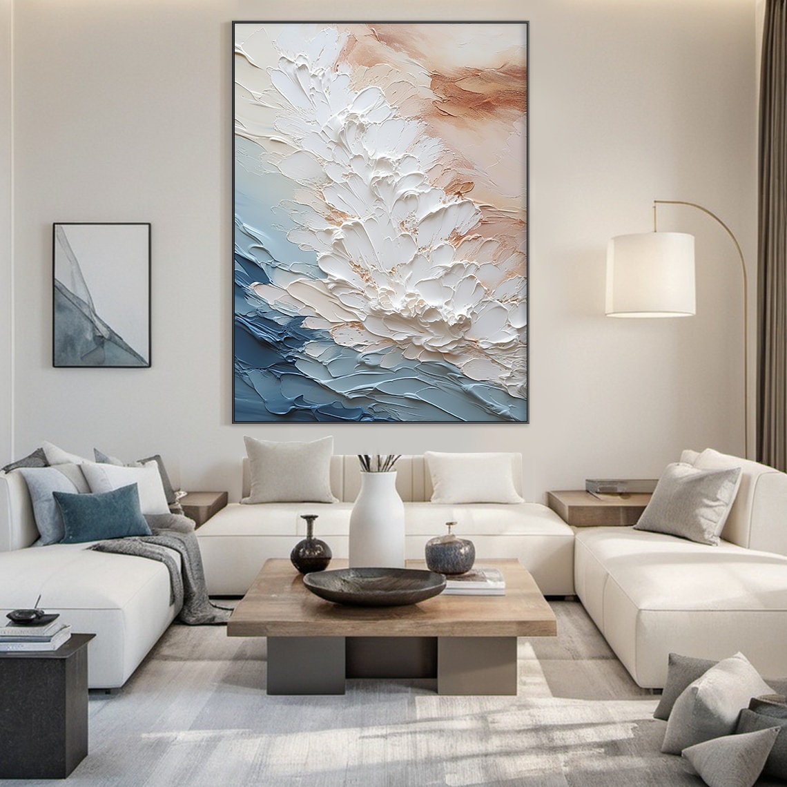 White Blossom Over Blue Ocean Abstract Texture Oil Painting Poster - Image 2