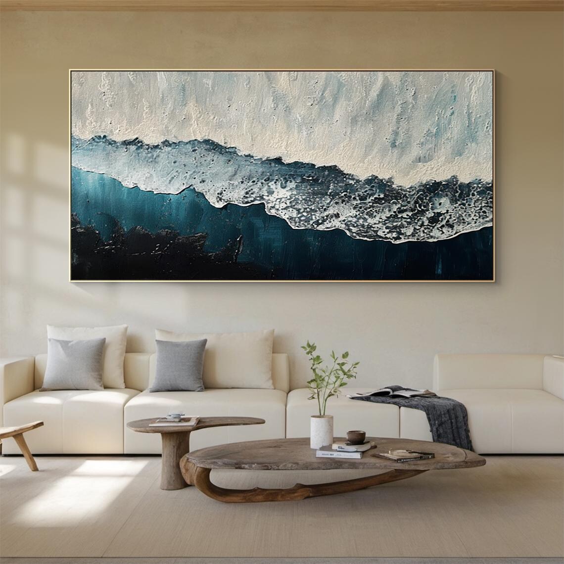 Dark Blue Ocean Aerial White Sand Shore Oil Painting Vertical Poster - Image 2