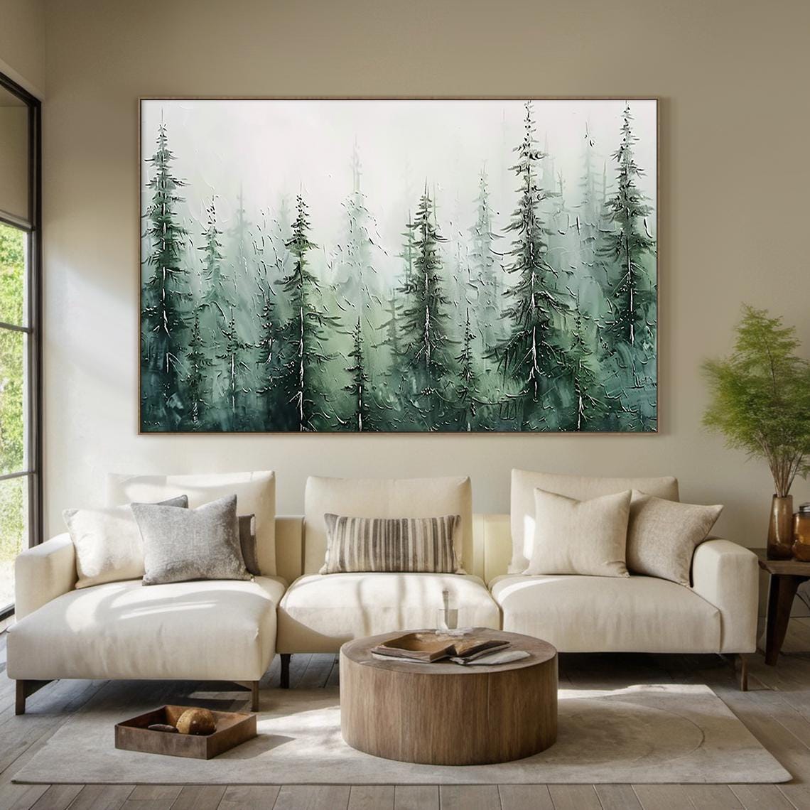 Misty Green Pine Forest Soft Watercolor Dreamy Nature Wall Art - Image 2