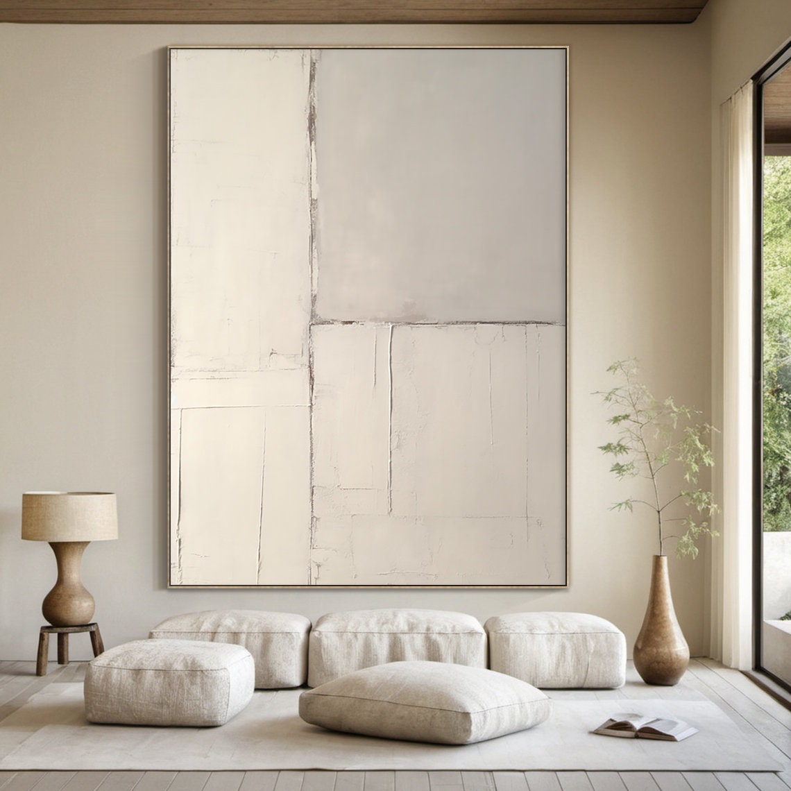 Warm Beige Minimalist Plaster Abstract Subtle Grid Lines Calm Wall Art
