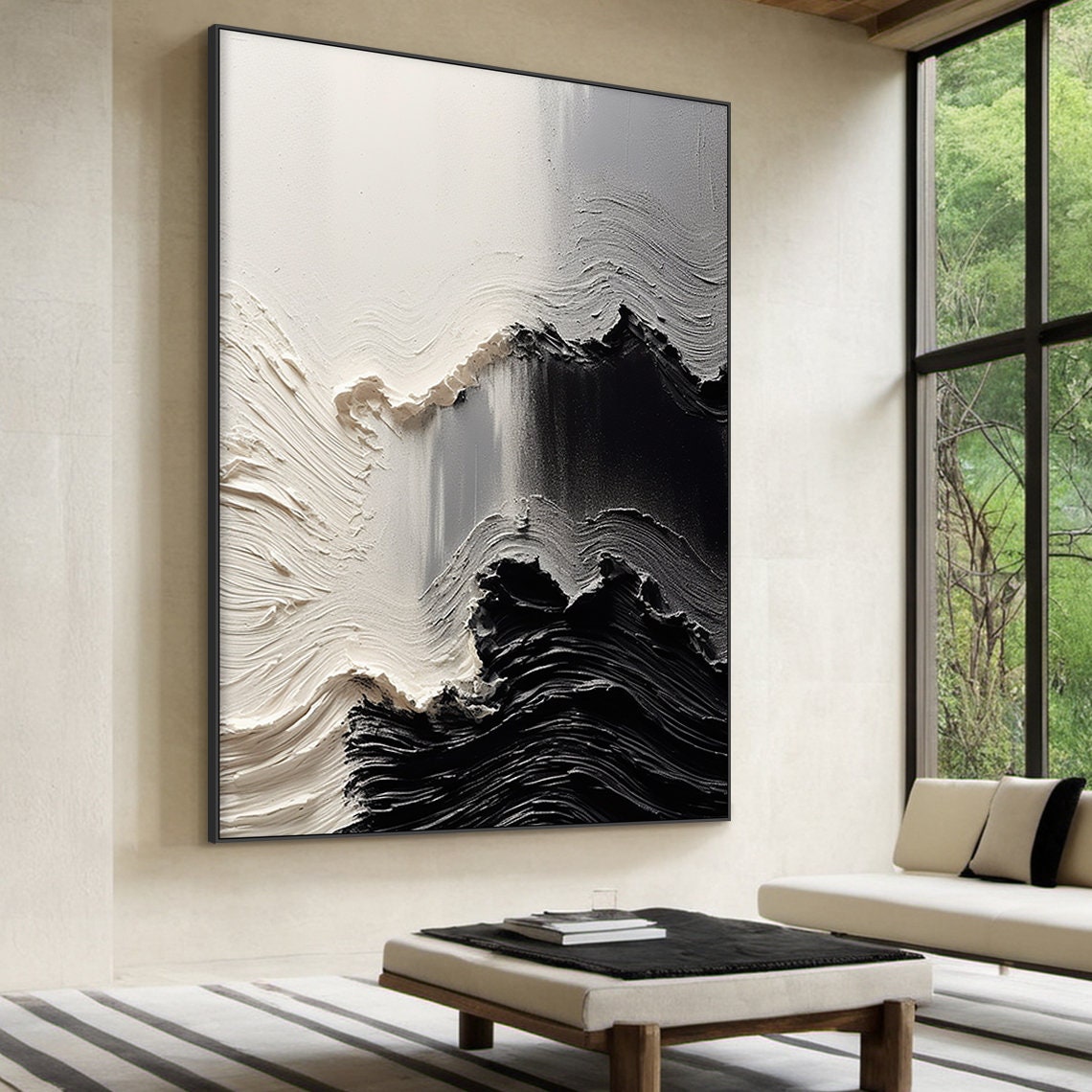Black White Dramatic Impasto Wave 3D Textured Abstract Ocean Wall Art
