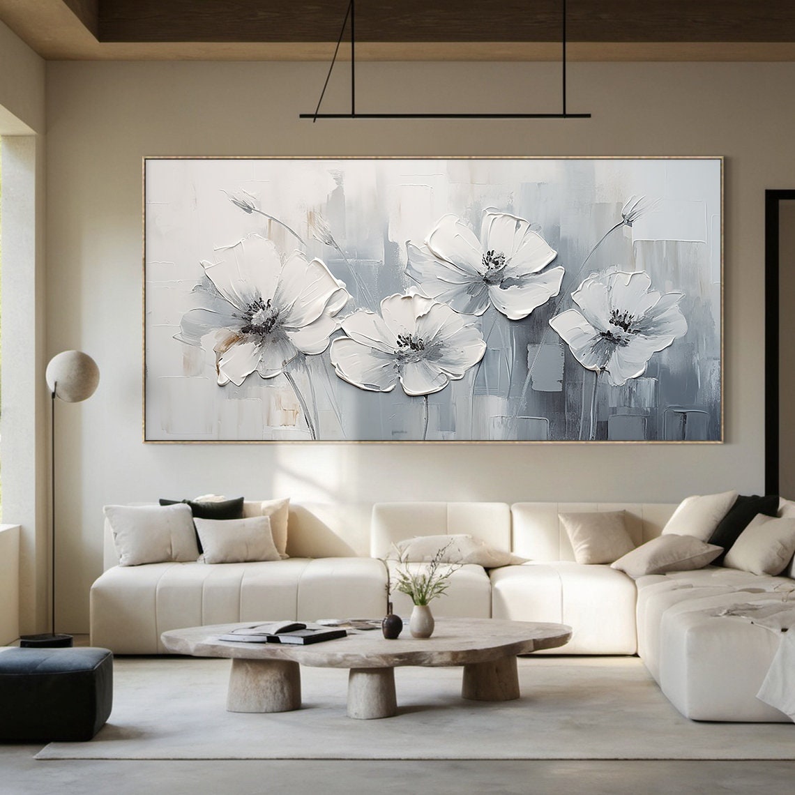 White Grey Floral Oil Painting Four Blossoms Panoramic Texture Poster - Image 4
