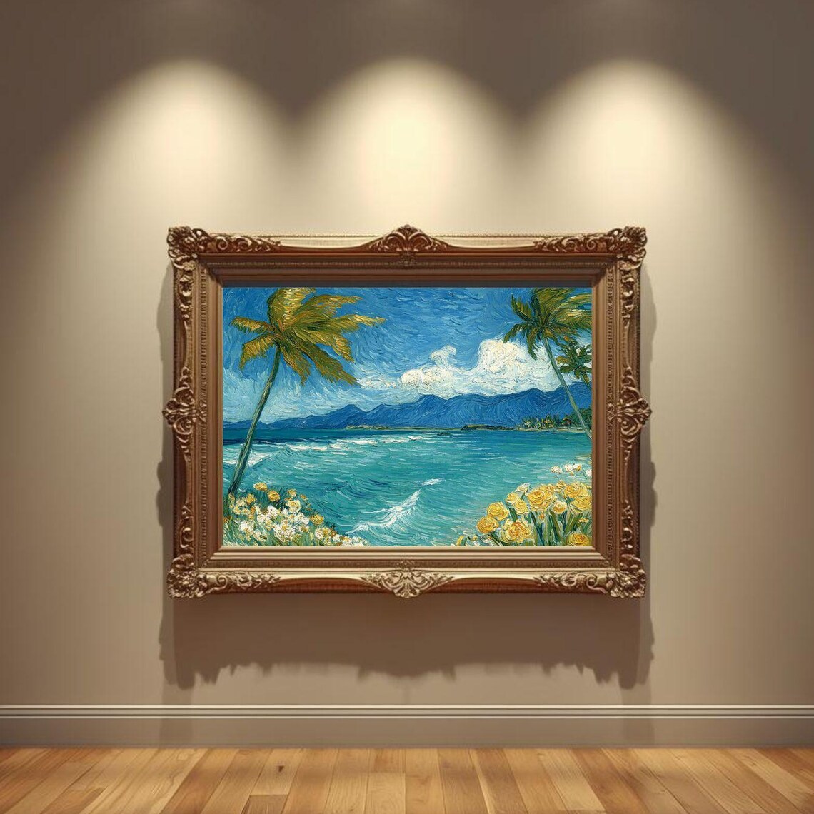 Tropical Ocean Beach Palms Van Gogh Style Coastal Painting Poster